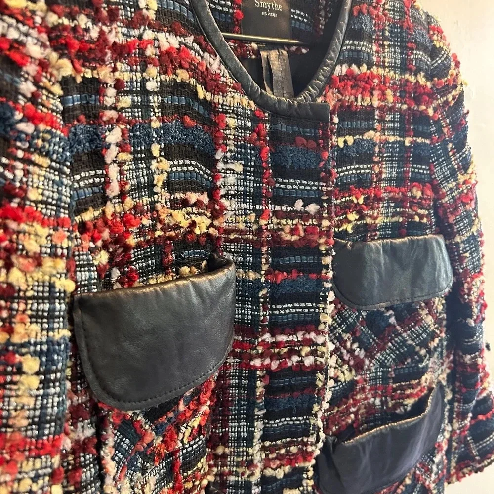 Smythe Boucle Leather-Detail Jacket Womens Size 6 Plaid Blazer Navy Career - Picture 5 of 10